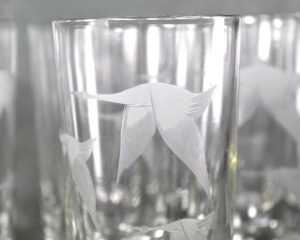 Set of 9 Mid-Century Tom Collins Glasses | Etched Geese in Flight | Mid-Century circa 1960s | 8 Oz Glasses | Bixley Shop