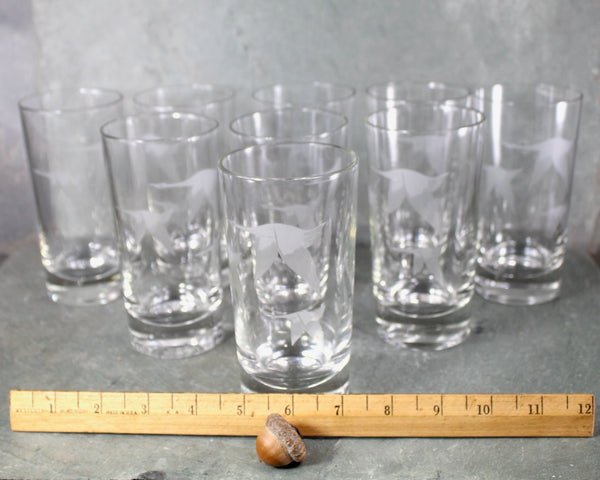 Set of 9 Mid-Century Tom Collins Glasses | Etched Geese in Flight | Mid-Century circa 1960s | 8 Oz Glasses | Bixley Shop