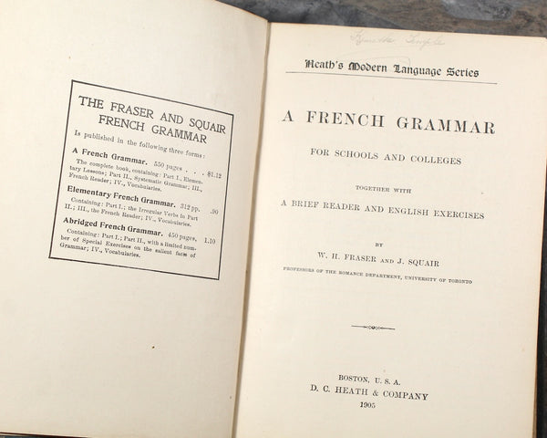 1905 Antique French Grammar Book (in English) | Written by W.H. Fraser & J. Squair | Leather Bound, Turn of the Century Textbook