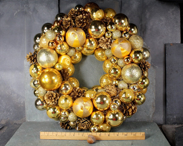 Christmas Gold Wreath | Hand-made Ornament Wreath | Gold Ornament & Pine Cone Wreath | Vintage Christmas | Bixley Shop