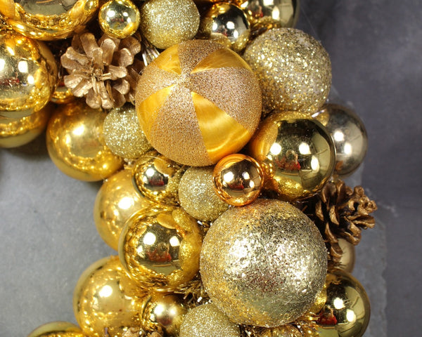 Christmas Gold Wreath | Hand-made Ornament Wreath | Gold Ornament & Pine Cone Wreath | Vintage Christmas | Bixley Shop