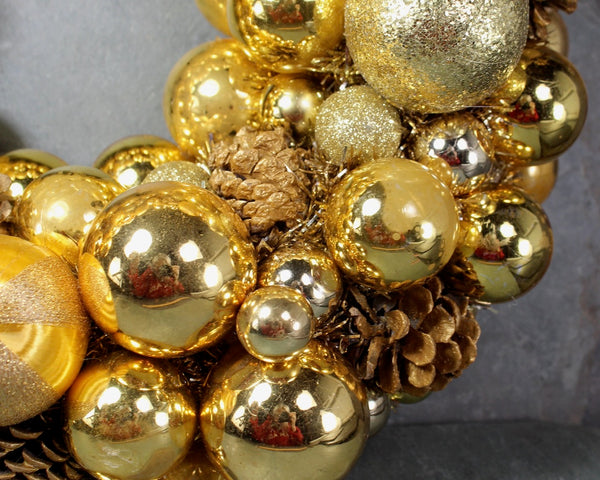 Christmas Gold Wreath | Hand-made Ornament Wreath | Gold Ornament & Pine Cone Wreath | Vintage Christmas | Bixley Shop