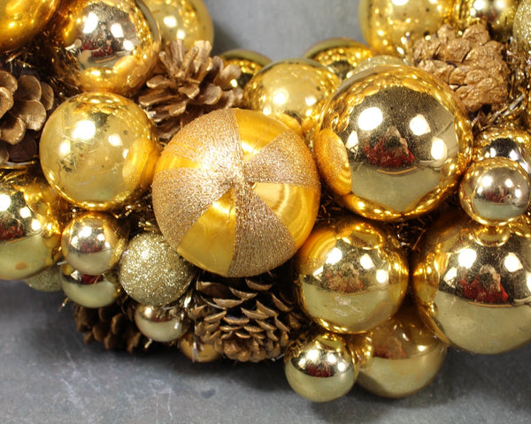 Christmas Gold Wreath | Hand-made Ornament Wreath | Gold Ornament & Pine Cone Wreath | Vintage Christmas | Bixley Shop