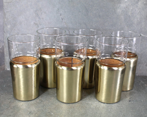 Set of 6 Hellerware Tumblers in Cork Lined Sleeves with Gold Tone | MCM Gold Toned Aluminum | 10 Oz Glasses | Bixley Shop