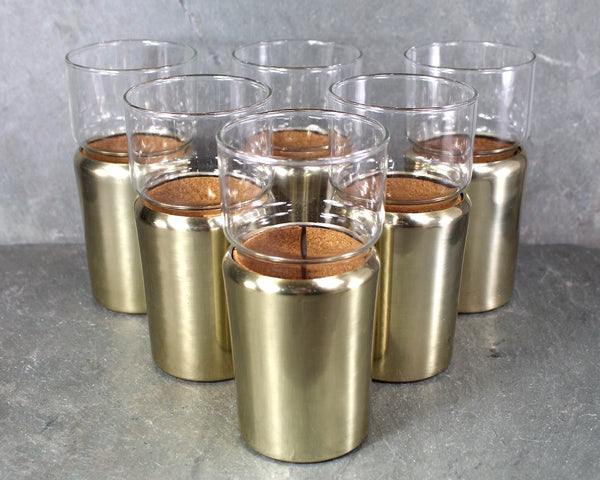 Set of 6 Hellerware Tumblers in Cork Lined Sleeves with Gold Tone | MCM Gold Toned Aluminum | 10 Oz Glasses | Bixley Shop