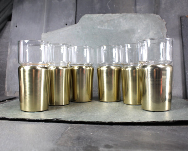 Set of 6 Hellerware Tumblers in Cork Lined Sleeves with Gold Tone | MCM Gold Toned Aluminum | 10 Oz Glasses | Bixley Shop