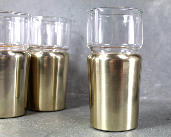 Set of 6 Hellerware Tumblers in Cork Lined Sleeves with Gold Tone | MCM Gold Toned Aluminum | 10 Oz Glasses | Bixley Shop