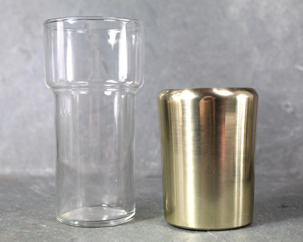 Set of 6 Hellerware Tumblers in Cork Lined Sleeves with Gold Tone | MCM Gold Toned Aluminum | 10 Oz Glasses | Bixley Shop