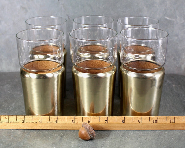 Set of 6 Hellerware Tumblers in Cork Lined Sleeves with Gold Tone | MCM Gold Toned Aluminum | 10 Oz Glasses | Bixley Shop