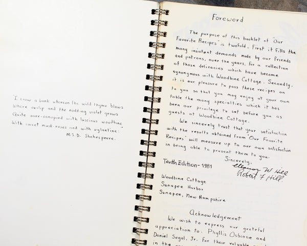 Sunapee, New Hampshire - Woodbine Cottage Cookbook, 10th Edition, 1981 - Vintage Restaurant Cookbook | Bixley Shop