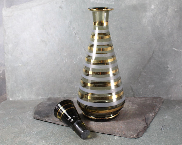 MCM Striped Decanter with Glass Stopper | Gold and Grey Striped Decanter | Vintage Barware | 20 Ounce Decanter | Bixley Shop