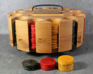 Mid-Century Hardwood Poker Chip Caddy with Bakelite Poker Chips | Gorgeous Las Vegas Rat Pack Style | Turntable Caddy | Bixley Shop