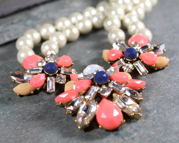 JCrew Double Strand Chunky Necklace | Double Strand Pearls with Salmon & Peach Stones | 18-20" Chunky Bib Statement Necklace | Bixley Shop