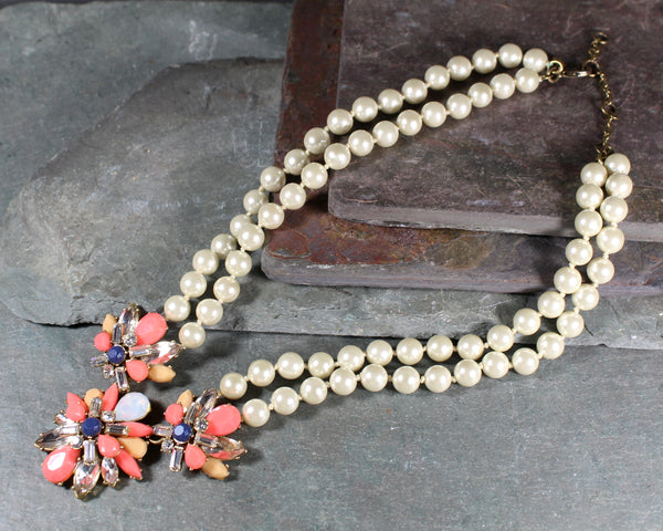 JCrew Double Strand Chunky Necklace | Double Strand Pearls with Salmon & Peach Stones | 18-20" Chunky Bib Statement Necklace | Bixley Shop