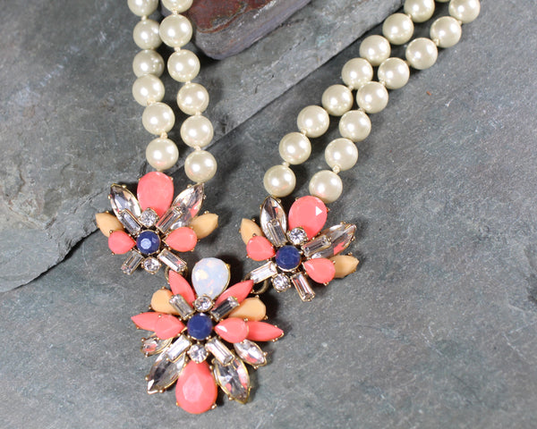 JCrew Double Strand Chunky Necklace | Double Strand Pearls with Salmon & Peach Stones | 18-20" Chunky Bib Statement Necklace | Bixley Shop