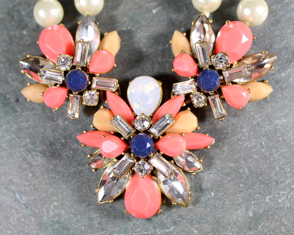 JCrew Double Strand Chunky Necklace | Double Strand Pearls with Salmon & Peach Stones | 18-20" Chunky Bib Statement Necklace | Bixley Shop