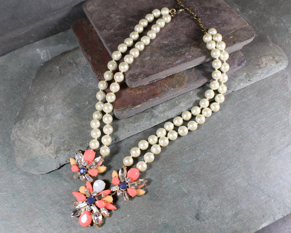 JCrew Double Strand Chunky Necklace | Double Strand Pearls with Salmon & Peach Stones | 18-20" Chunky Bib Statement Necklace | Bixley Shop