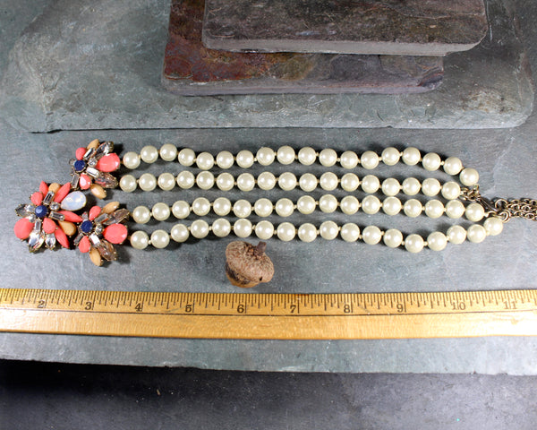 JCrew Double Strand Chunky Necklace | Double Strand Pearls with Salmon & Peach Stones | 18-20" Chunky Bib Statement Necklace | Bixley Shop