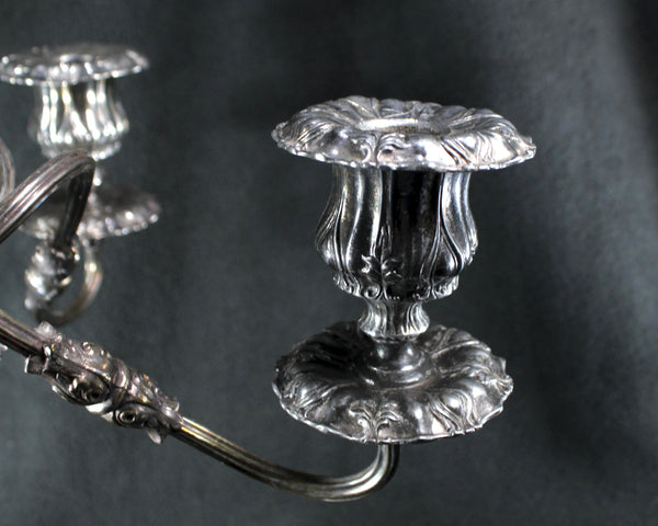 Large Silver Candelabra - 5 Candle | 4 Arm Silverplate Candelabra Rocco Style | Crescent Silver Company | Holiday Table Decor | Bixley Shop