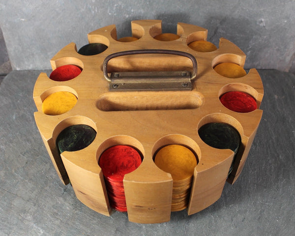 Mid-Century Hardwood Poker Chip Caddy with Bakelite Poker Chips | Gorgeous Las Vegas Rat Pack Style | Turntable Caddy | Bixley Shop