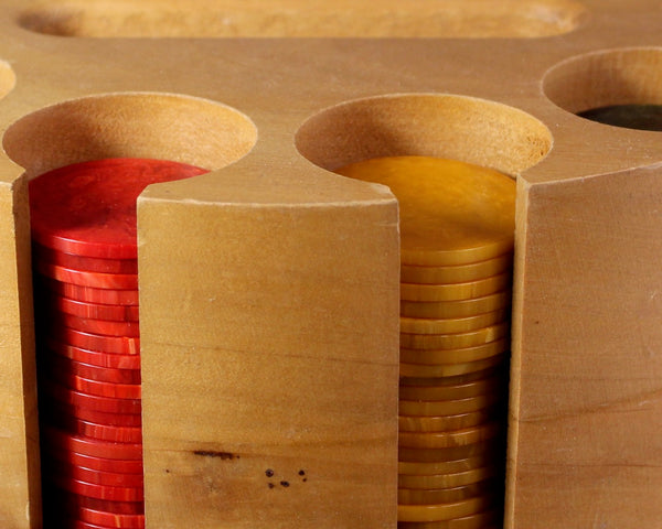 Mid-Century Hardwood Poker Chip Caddy with Bakelite Poker Chips | Gorgeous Las Vegas Rat Pack Style | Turntable Caddy | Bixley Shop