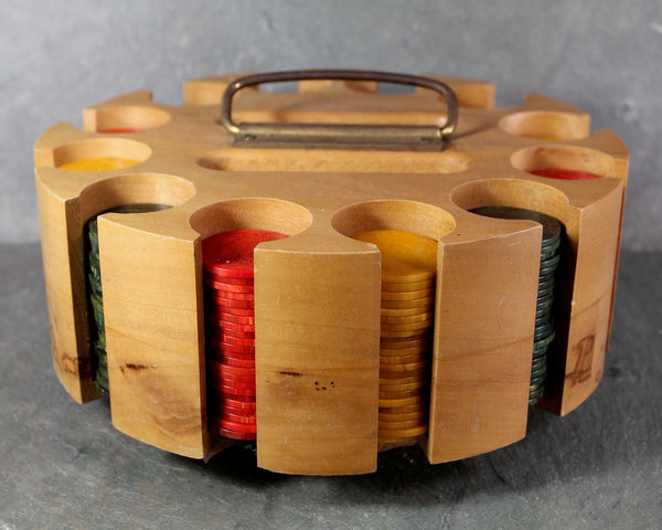 Mid-Century Hardwood Poker Chip Caddy with Bakelite Poker Chips | Gorgeous Las Vegas Rat Pack Style | Turntable Caddy | Bixley Shop