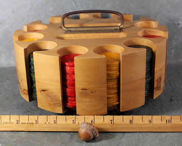 Mid-Century Hardwood Poker Chip Caddy with Bakelite Poker Chips | Gorgeous Las Vegas Rat Pack Style | Turntable Caddy | Bixley Shop