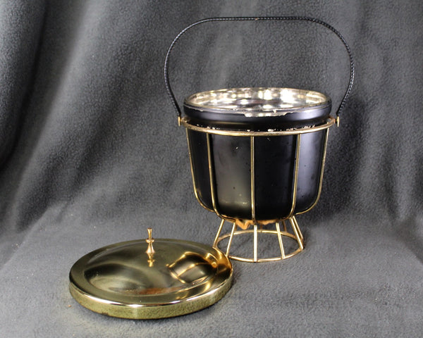 Vintage Pyrex Ice  Ice Bucket on Gold Metal Stand | Ice Bucket with Ice Tongs & Shot Glass | Mid-Century Ice Bucket