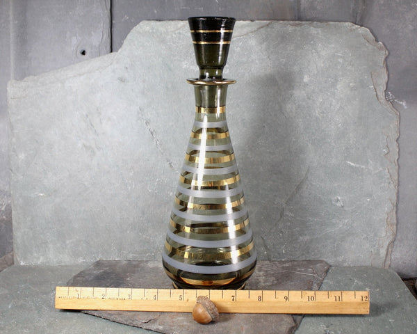 MCM Striped Decanter with Glass Stopper | Gold and Grey Striped Decanter | Vintage Barware | 20 Ounce Decanter | Bixley Shop