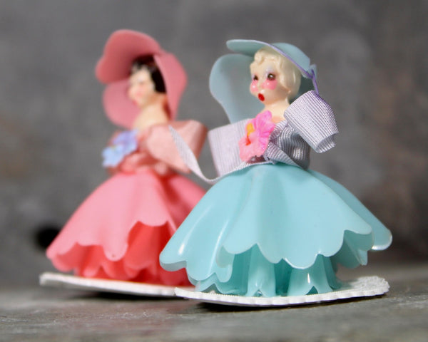 Mid Century Mini Cake Toppers | Set of 2 Pink and Blue Plastic Ladies in Gowns and Hats | Perfect for Gender Reveal Party | Baby Shower