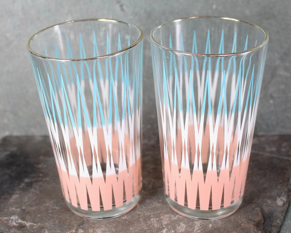 Set of 2 Mid-Century Tumblers | Anchor Hocking Blue, White, & Pink Drinking Glasses | Mid-Century circa 1960s | 8 Oz Glasses | Bixley Shop