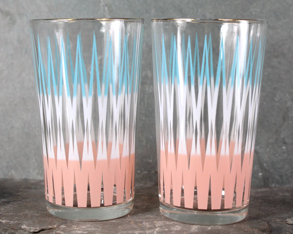 Set of 2 Mid-Century Tumblers | Anchor Hocking Blue, White, & Pink Drinking Glasses | Mid-Century circa 1960s | 8 Oz Glasses | Bixley Shop