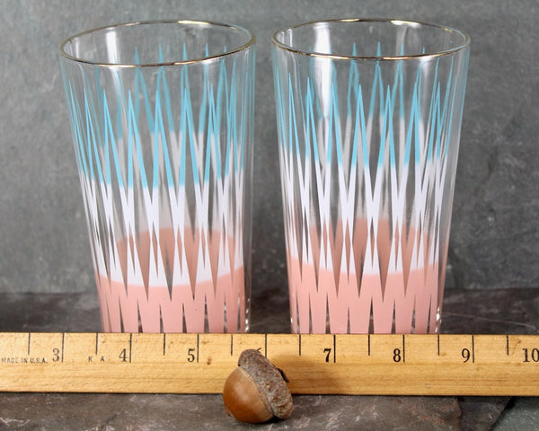 Set of 2 Mid-Century Tumblers | Anchor Hocking Blue, White, & Pink Drinking Glasses | Mid-Century circa 1960s | 8 Oz Glasses | Bixley Shop