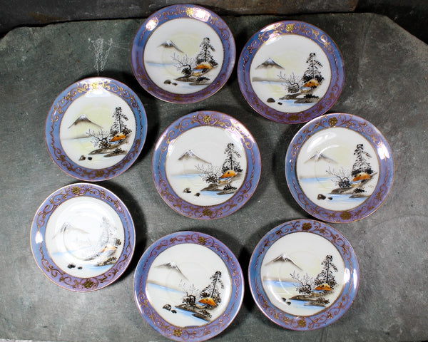 Set of 8 Moriage Lusterware Demitasse Saucers | 1950s Lavender Lustreware | Mount Fuji Design 3.75" Saucers | Bixley Shop