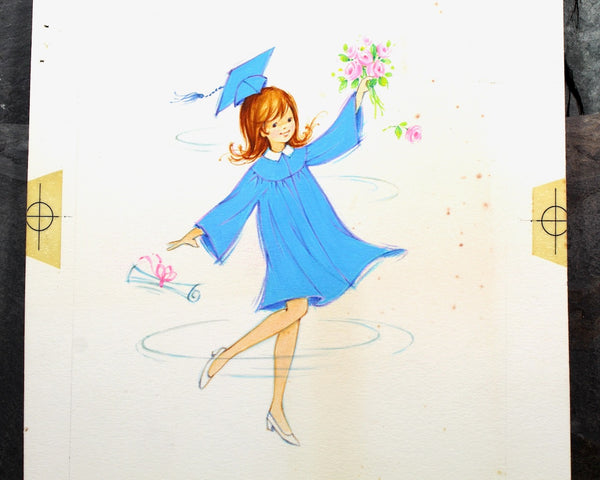 VERY RARE! ORIGINAL Gouache Painting by Artist Fran Ju | 1960s Original Rust Craft Greeting Card Art | Graduation Gift