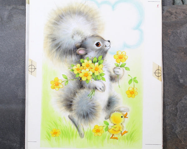 VERY RARE! ORIGINAL Gouache Painting by Artist Fran Ju | 1960s Original Rust Craft Greeting Card Art | Squirrel & Chick in Spring