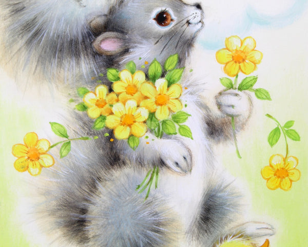 VERY RARE! ORIGINAL Gouache Painting by Artist Fran Ju | 1960s Original Rust Craft Greeting Card Art | Squirrel & Chick in Spring