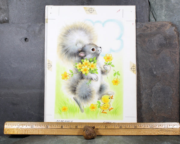 VERY RARE! ORIGINAL Gouache Painting by Artist Fran Ju | 1960s Original Rust Craft Greeting Card Art | Squirrel & Chick in Spring