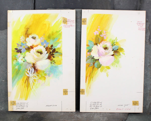 VERY RARE! ORIGINAL Gouache Paintings by Artist Shu Dick Ju | Set of 2 | 1960s Original Rust Craft Greeting Card Art | Gentle Roses