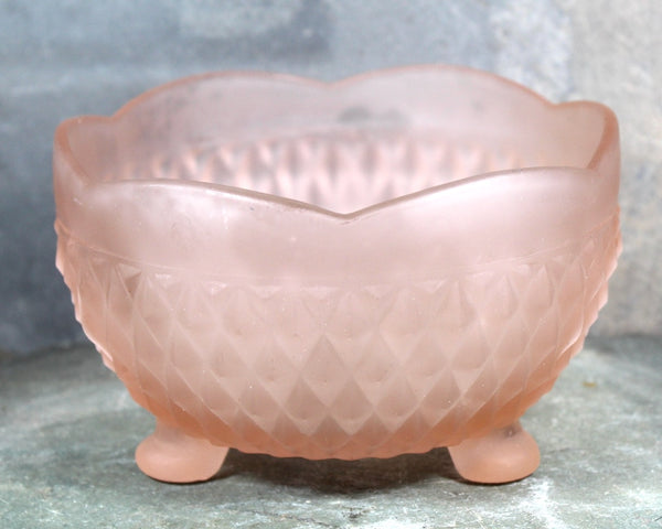 Frosted 3 Footed Pink Bowl |Pink Indiana Glass Candy Bowl | Diamond Point Pattern | Bixley Shop