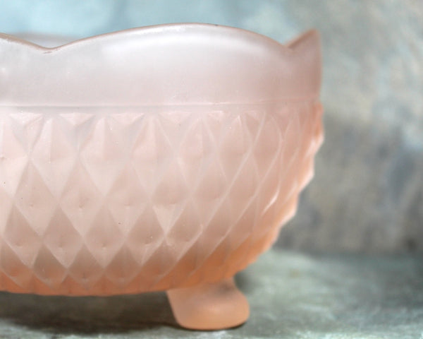 Frosted 3 Footed Pink Bowl |Pink Indiana Glass Candy Bowl | Diamond Point Pattern | Bixley Shop