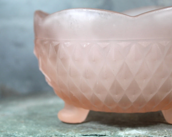 Frosted 3 Footed Pink Bowl |Pink Indiana Glass Candy Bowl | Diamond Point Pattern | Bixley Shop