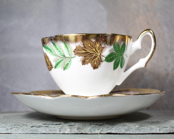 Salisbury Tea Cup & Saucer | English Bone China Tea Cup | Autumn Leaves and Gold Accents | Bixley Shop