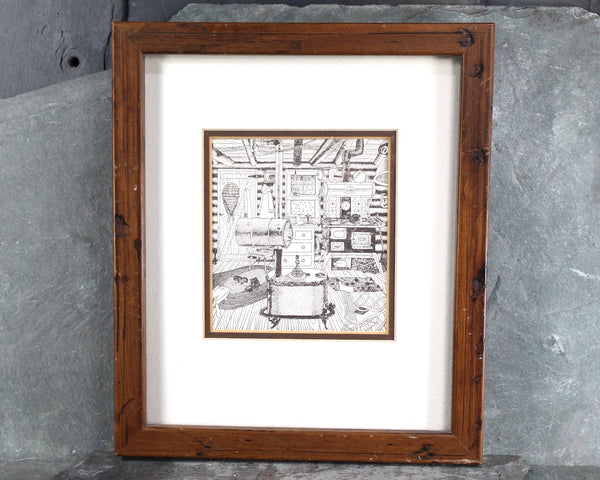 Set of 2 Framed Vintage Original Lithographs | Bob Snider Line Drawings | Nova Scotia Artist | Made in Canada | Handmade Paper