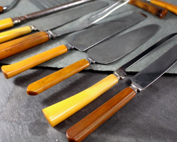 11 Stainless Knives and Servers | Stainless Blades with Tortoise Shell Swirl Handles | Bakelite Cheese Knives | Holiday Table | Bixley Shop