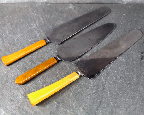 11 Stainless Knives and Servers | Stainless Blades with Tortoise Shell Swirl Handles | Bakelite Cheese Knives | Holiday Table | Bixley Shop