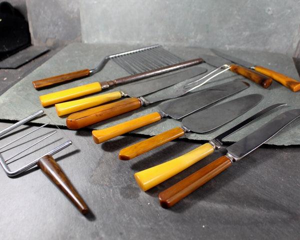 11 Stainless Knives and Servers | Stainless Blades with Tortoise Shell Swirl Handles | Bakelite Cheese Knives | Holiday Table | Bixley Shop