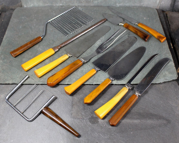 11 Stainless Knives and Servers | Stainless Blades with Tortoise Shell Swirl Handles | Bakelite Cheese Knives | Holiday Table | Bixley Shop