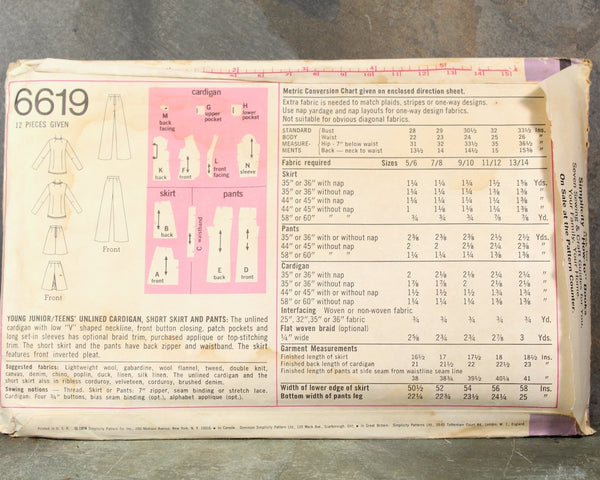 1974 Simplicity #6619 Junior/Teen Suit & Jacket Pattern | | Complete, Uncut, Factory Folded Pattern in Original Envelope | Bixley Shop