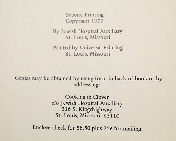 ST. LOUIS, MISSOURI - Cooking in Clover by the Jewish Hospital Auxiliary | Vintage Fundraiser Cookbook | Bixley Shop